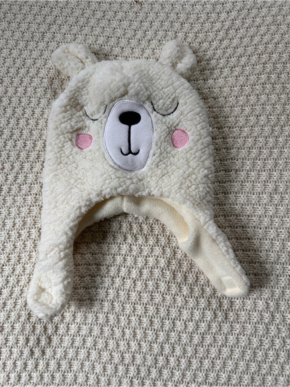 Cream Sherpa Bear Earflap Hat with Pink Cheeks
